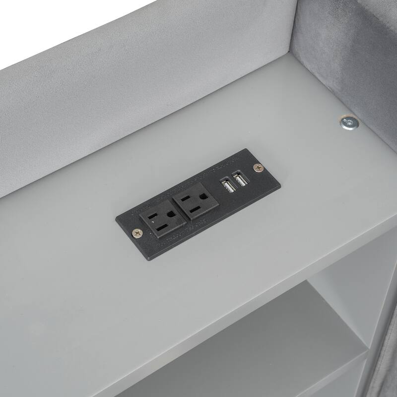 Twin Size Velvet Upholstered Daybed with Trundle, Storage Shelves, USB & Outlet