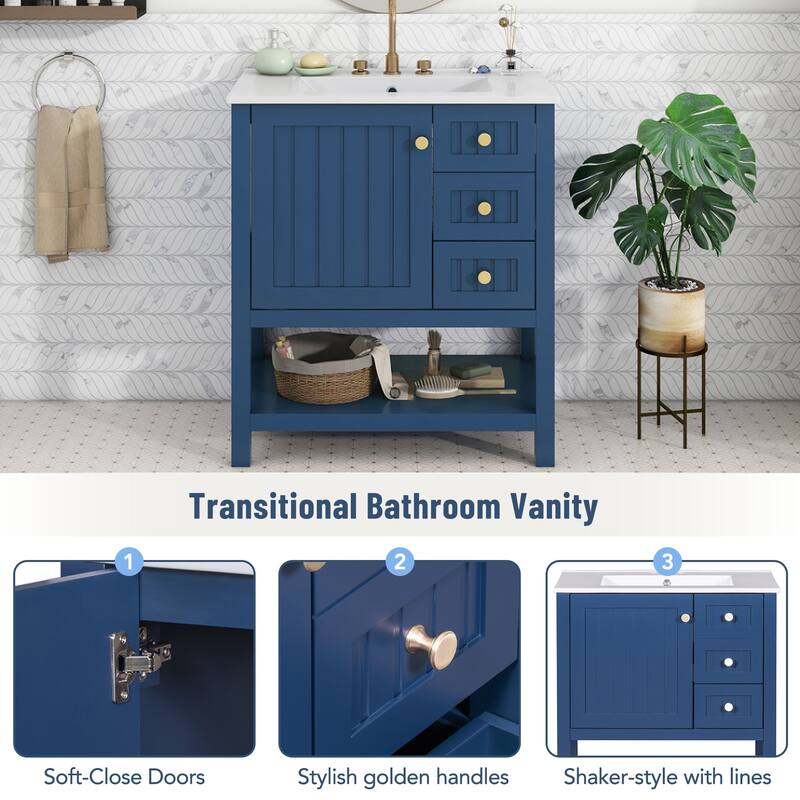 Modern 30-Inch Bathroom Vanity Combo with Freestanding Cabinet, White Ceramic Sink, and Ample Storage Space