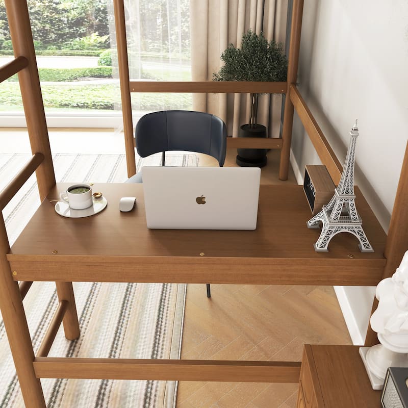 Twin Size Loft Bed with Desk, Boucle Upholstered Headboard and Footboard with Ladder, Safety Guardrails