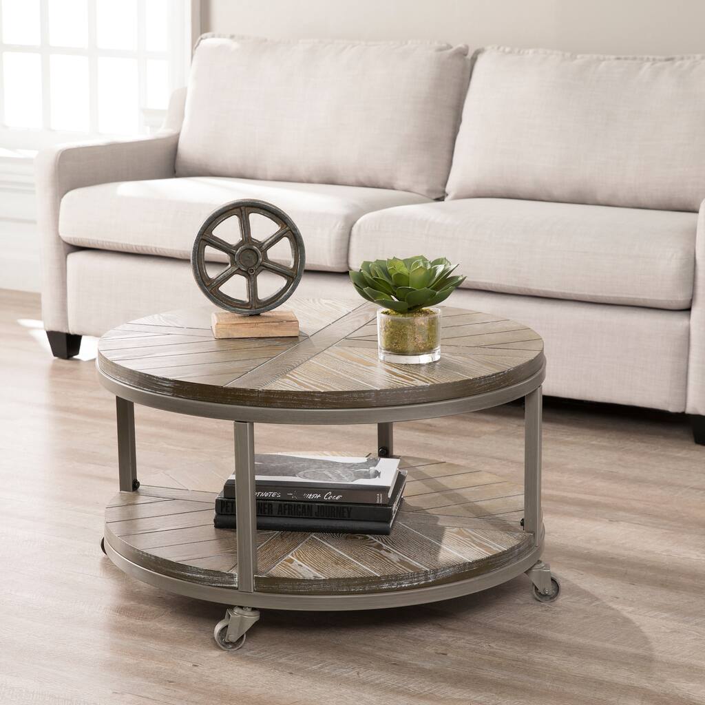 SEI Furniture Kenya Industrial Rustic Round Wood Coffee Table with Shelf