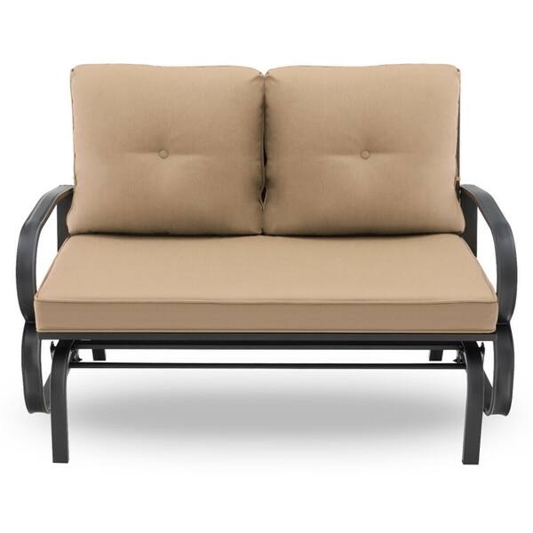 slide 8 of 24, 2-Person Patio Glider Bench Cushioned Armrest Rocking Loveseat Beige