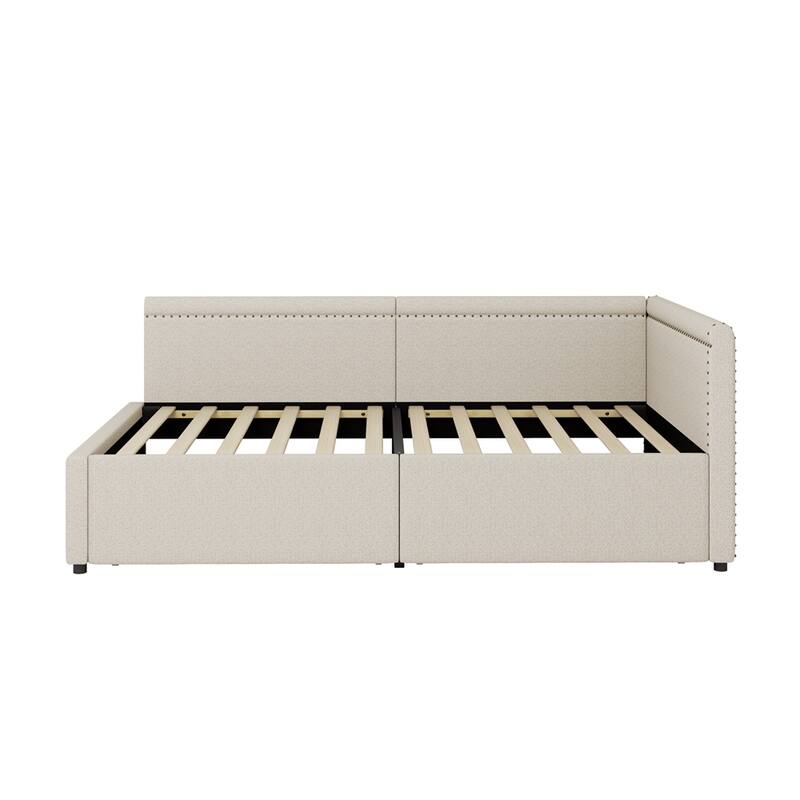 Linen Upholstered Daybed Twin Size L Shape Corner Bed