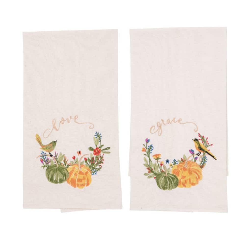 Transpac Fall Harvest Thanksgiving Pumpkin Embroidered Kitchen Towels Cotton