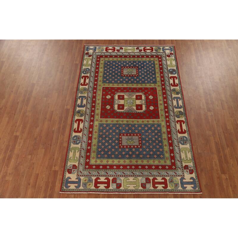 Geometric Kazak Area Rug Hand-Knotted Multi-Color Wool Carpet - 5'11" x 9'2"