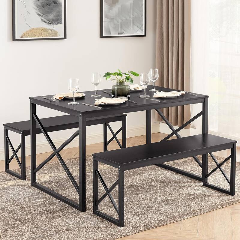 44.3" Dining Table with Benches Kitchen Table set for 4 Rectangular Dining Room Table Set with 2 Metal Wood Benches - Black