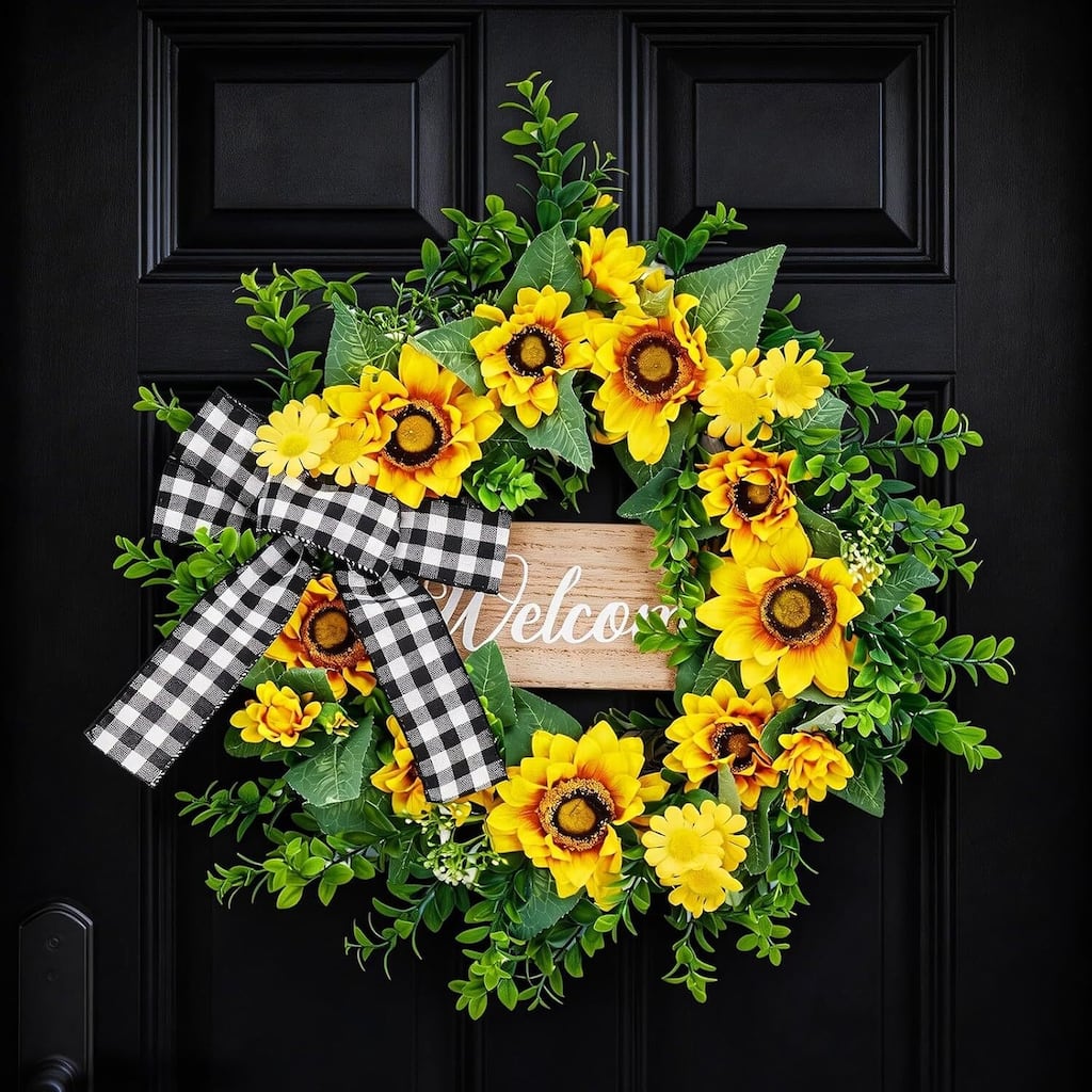 20" Spring Decor Sunflowers Wreath for Home Wall Porch Wedding with Yellow Blooms and Bow