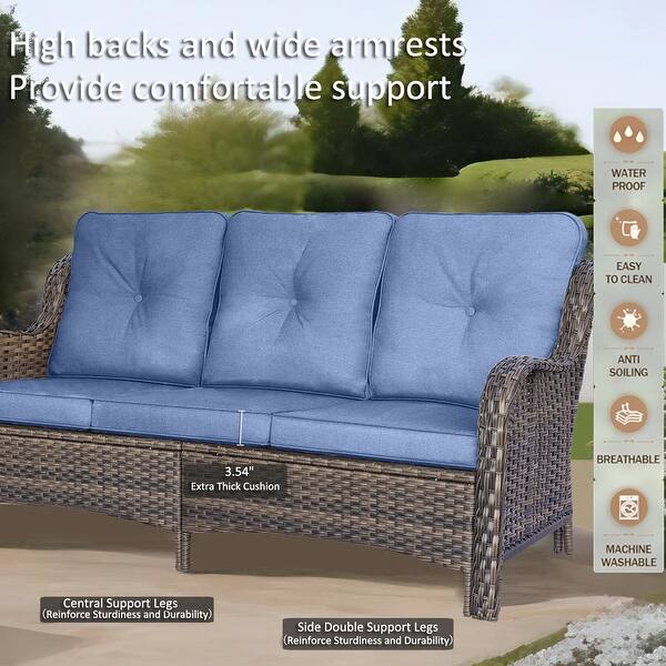 dimension image slide 2 of 4, High Back Brown Wicker Outdoor Patio Conversation Sets with Swivel Chairs