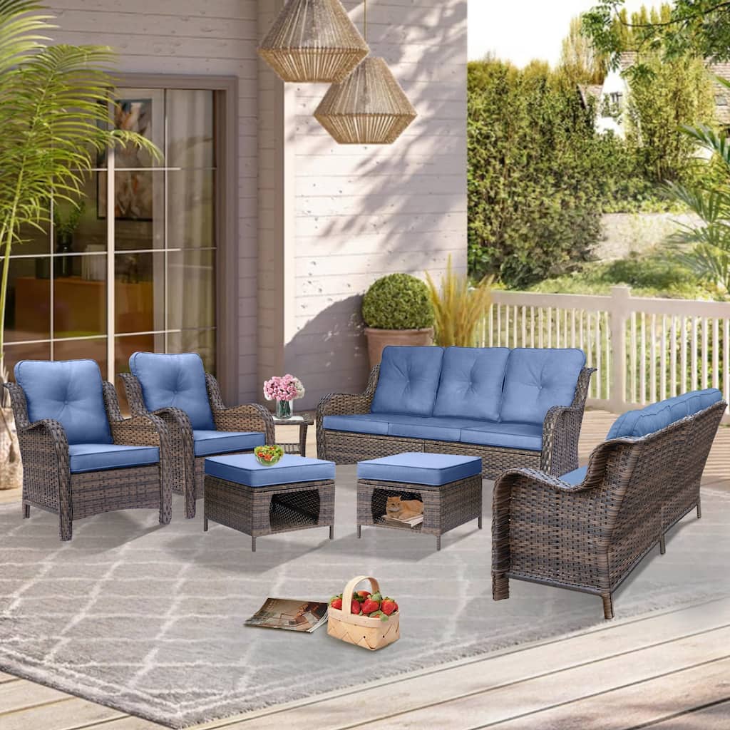 Brown Wicker Outdoor Patio Conversation Sets with Denim Blue Cushions