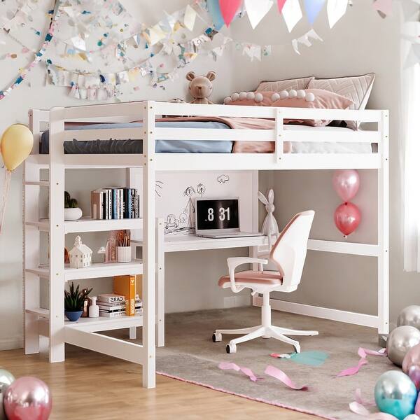 slide 2 of 25, Full Size Loft Bed With Shelves,Desk and Writing Board for Home White