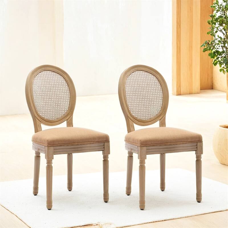 Solid Wood Frame Antique Painting Rattan Back Dining Chair,Set of 2