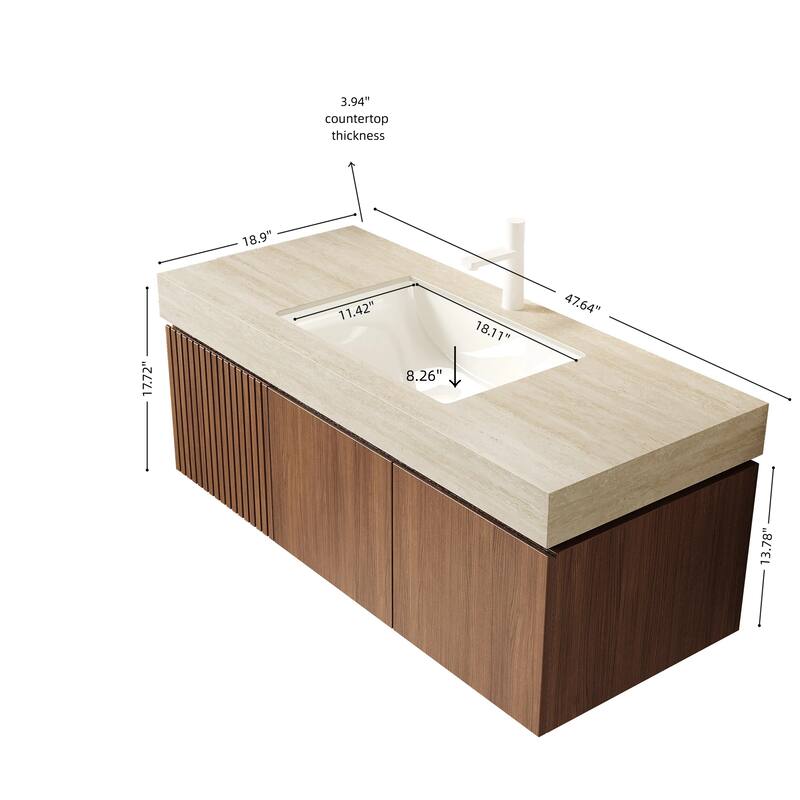 30"/36"/48" Wall-Mounted Bathroom Vanity with Ceramic Sink, Sintered Stone Countertop Floating Bathroom Storage Cabinet