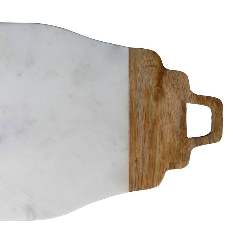 Foreside Home & Garden White Marble and Wood Handled Kitchen Serving Cutting Board