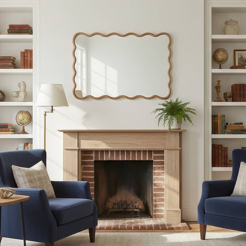 Natural Wood Wavy Rectangle Solid Wood Decorative Mirror - Bedroom, Bathroom, Living Room - Natural Wood