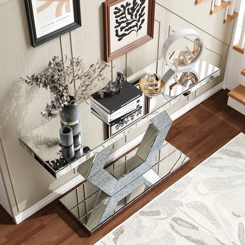 Roomfitters 55" Sparkling Crystal Mirror Console Table, Hexagon Diamond Glass Entryway Table with 2 Tiers, Silver