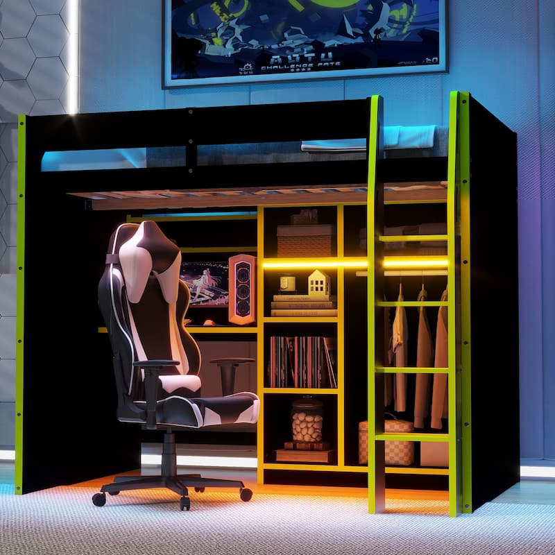 All-in-one Full Size Wood Loft Bed for Gaming & Workspace with Desk, Open Wardrobe, Storage Compartments and RGB Light Strip