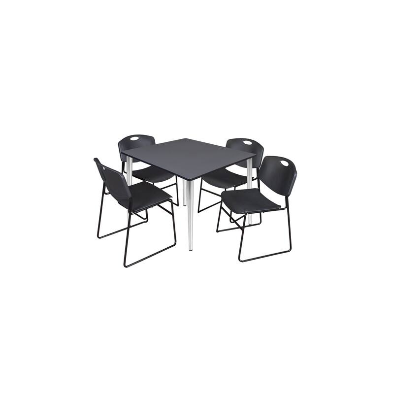 48 in. Square Breakroom Table- Grey Top, Chrome Base & 4 Stack Chairs- Black