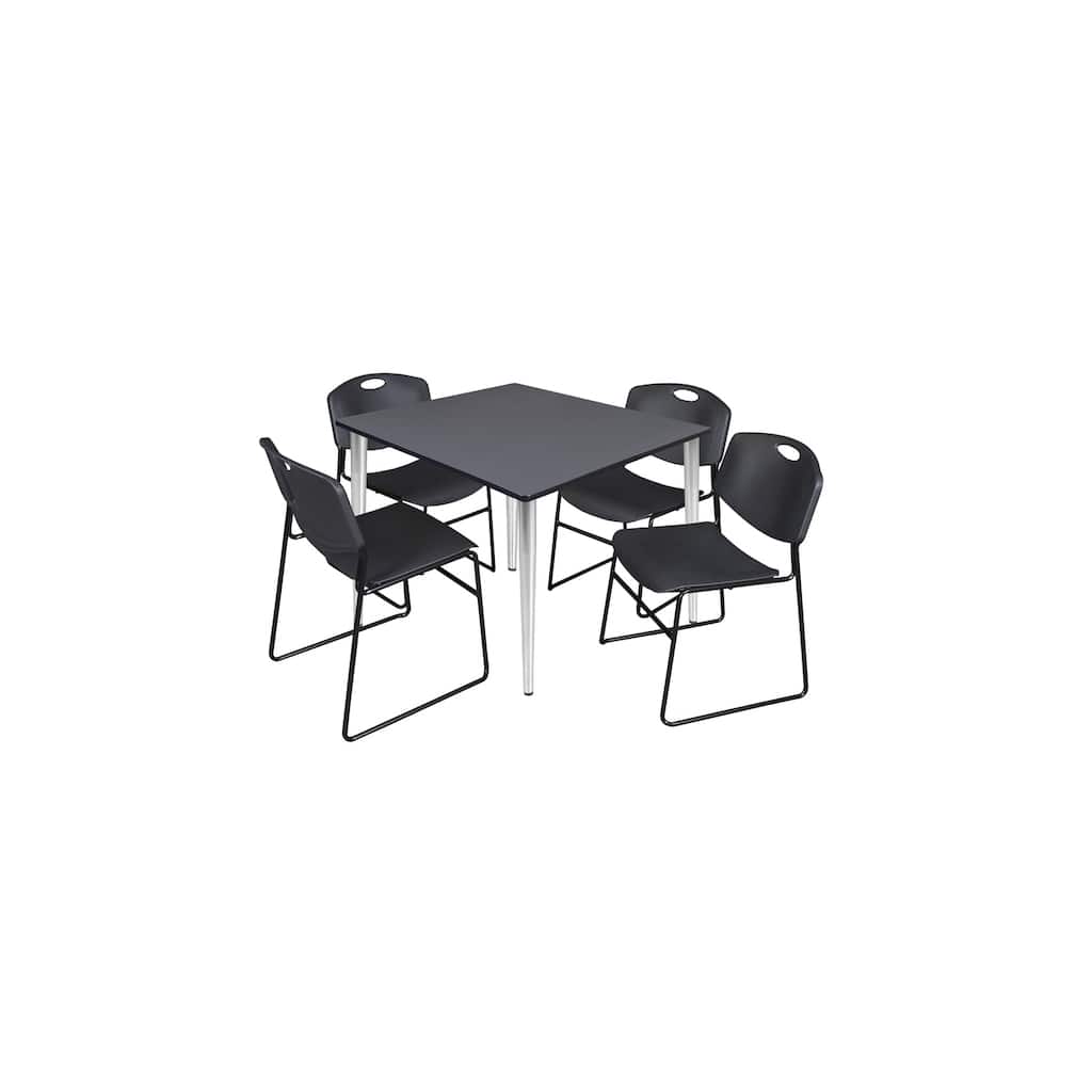 48 in. Square Breakroom Table- Grey Top, Chrome Base & 4 Stack Chairs- Black