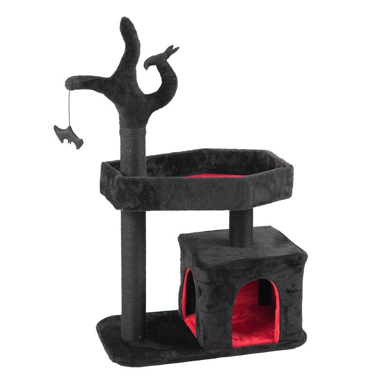 44" Gothic Cat Tree Tower with Condo, Coffin, Scratching Posts & Toys - 26.8 x 15.7 x 44.5 In