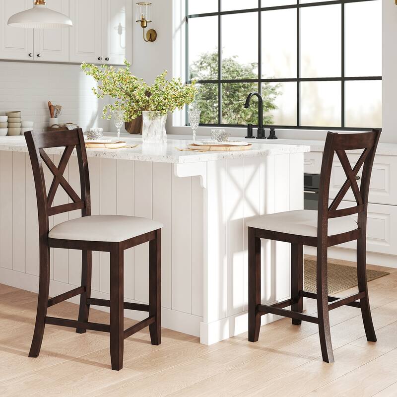 Set of 2 Stylish Walnut Rubber Wood Bar Stools with Cushioned Linen Seats for Kitchen Islands - 15.5" x 19" x 40"