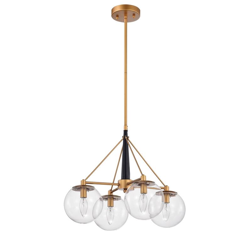 Fidel Matte Black+Gold 4-Light Chandelier with Clear Glass Globe Shades