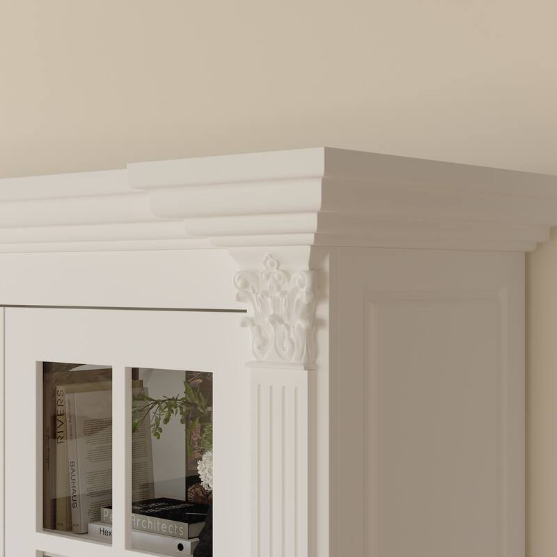 White Glass Door China Cabinet with Drawers, Large Buffet Hutch Sideboard Storage Cabinet for Dining Room - 74.8"x74.8"