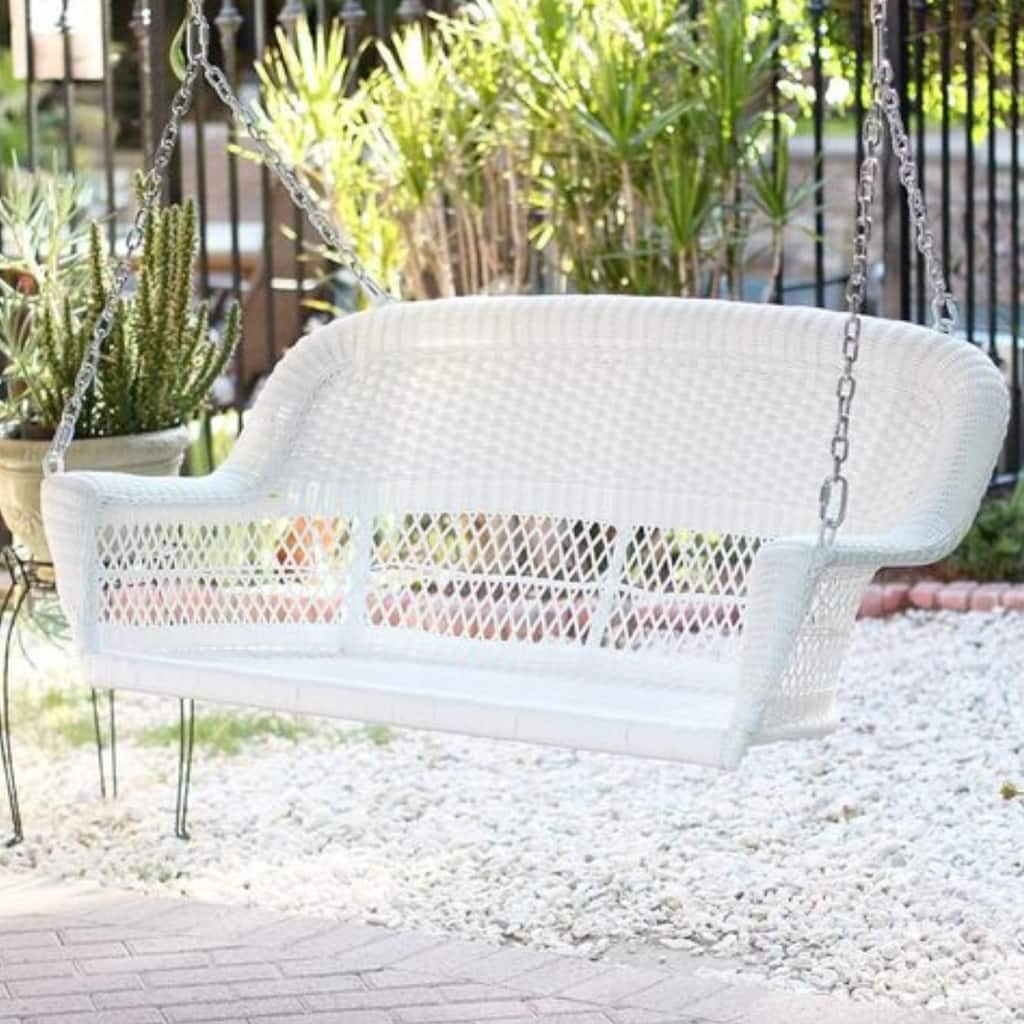 28.35 in. W White Cushion in Aluminum Frame Outdoor Porch Swing with CushionGuard and Stand