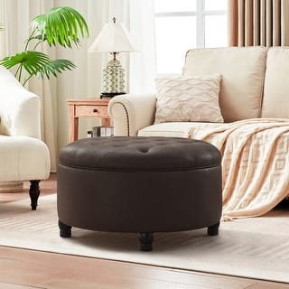 Tufted Round Storage Ottoman, Faux Leather