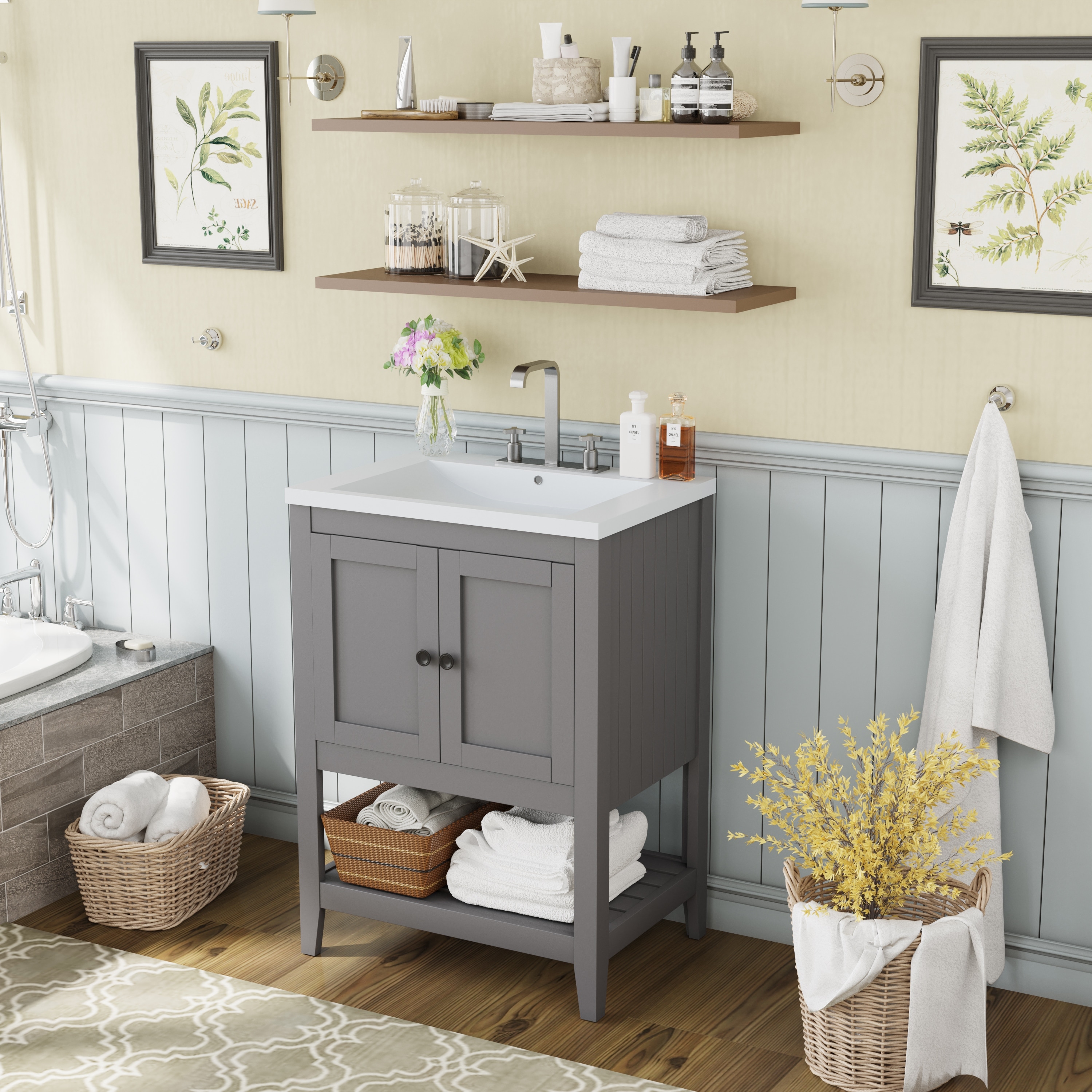 17.8 in. W x 23.7 in. D x 33.6 in. H Bathroom Vanity Ceramic Sink with Wood Frame Open Style Shelf Vanity Top in Gray