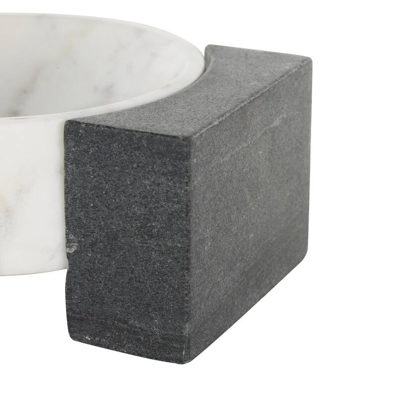 Marble Geometric Round Tray with Black Rectangular Blocks - White - Roche River Decor