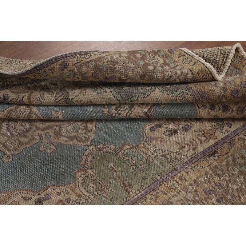 Hand Knotted Oriental 100% Wool Carpet Traditional Floral Navy Blue & Blues Tabriz Area Rug - 8' 11'' X 6' 7''