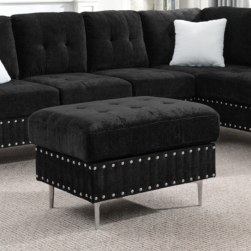 Chenille L-Shaped Sectional Sofa with Chaise & Storage Ottoman, Corner Sofa with 2 Pillows, Metal Legs & Copper Nails