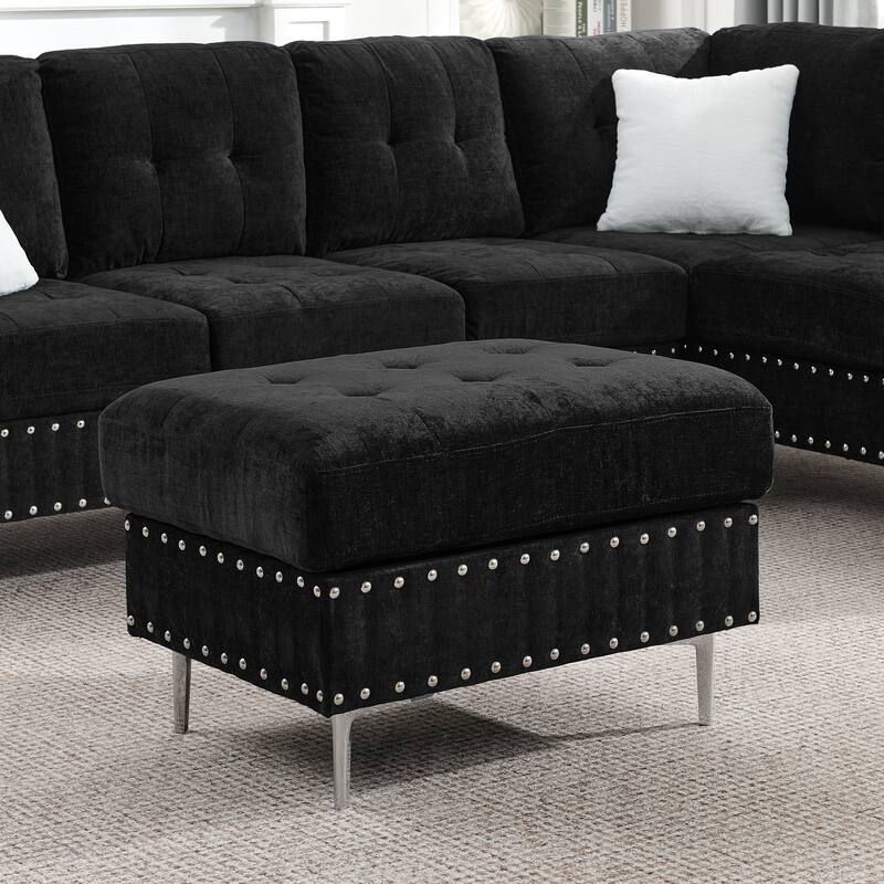 Roomfitters Sectional 3-Seater Sofa with Chaise, Storage Ottoman, Metal Legs, Nailhead Trim and Two Pillows
