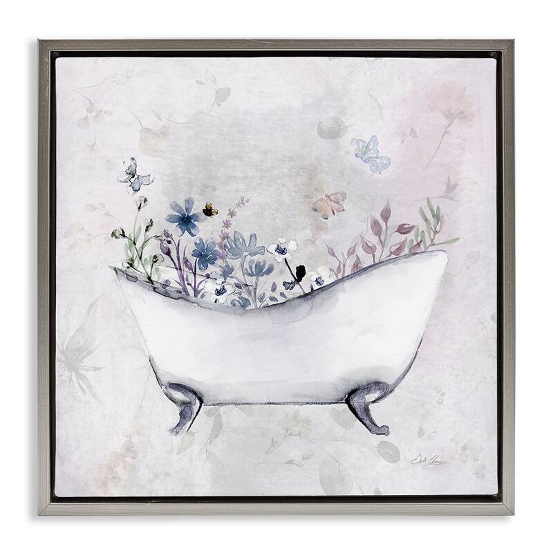 Stupell Delicate Bath with Botanics Framed Floater Canvas Wall Art Design By Stella Chang - 25 x 25 - Grey