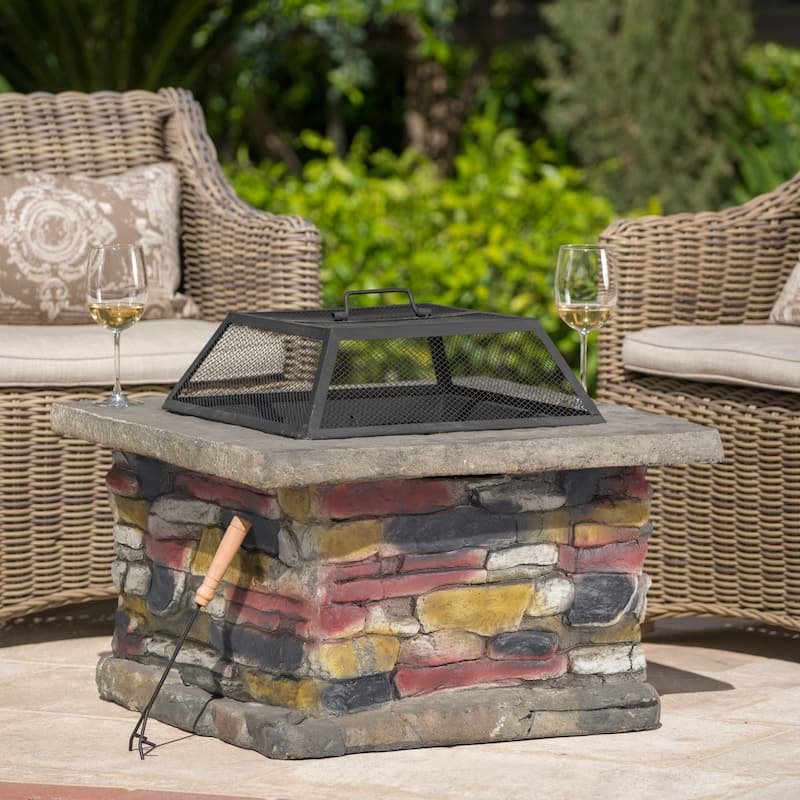 Roomfitters Outdoor Stone Finish Fire Pit with Mesh Screen, Heavy-Duty Fire Bowl, Perfect for Patio, Deck, and Garden Gatherings