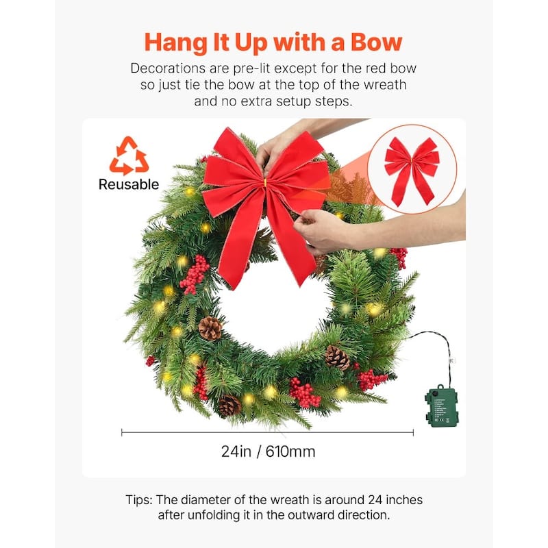 24 Inch Pre-Lit Christmas Wreath Battery Operated Green Holiday Decoration with LEDs Timer - 24 x 24 x 6.3 in
