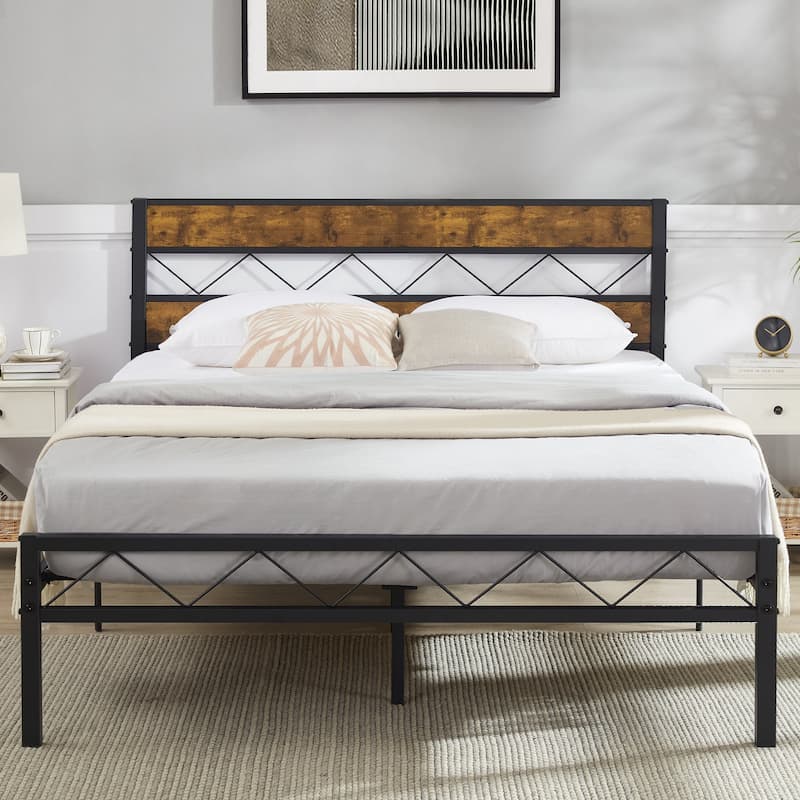 VECELO Retro Platform Bed Frame Wood Headboard, Twin/Full/Queen Size Beds - Rustic Brown - Queen