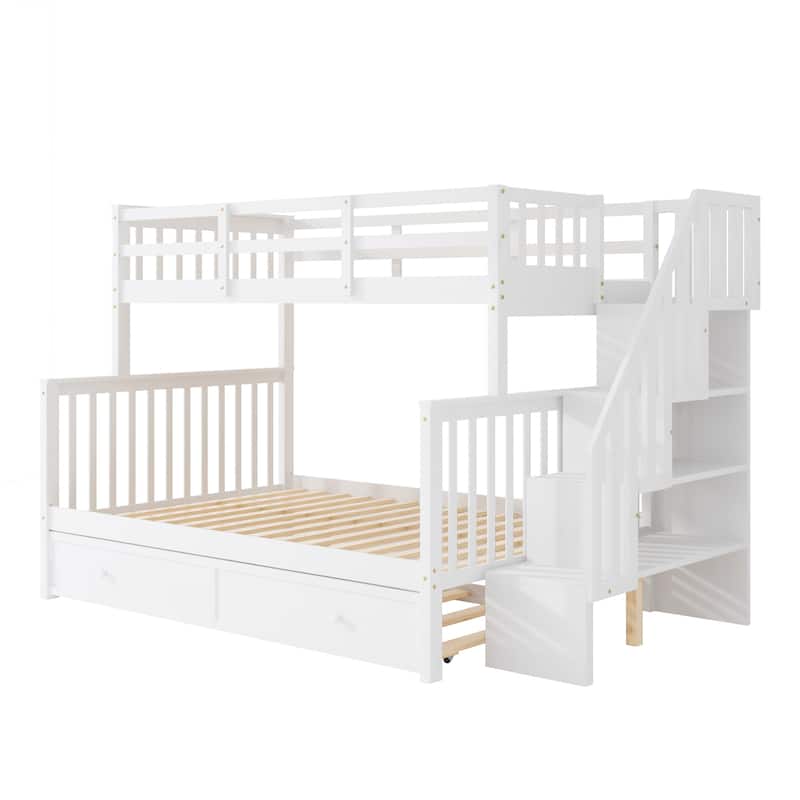 Twin-Over-Full Bunk Bed with Twin size Trundle,Storage and Guard Rail