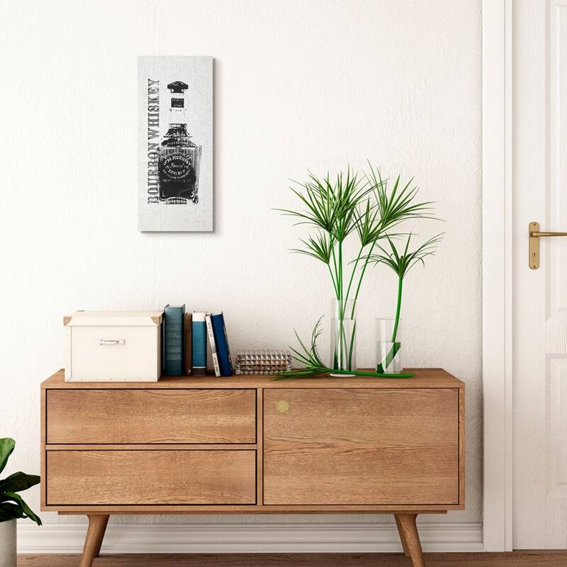 Stupell Rugged Bourbon Whiskey Bottle Alcohol Black Off-White Vintage Canvas Wall Art