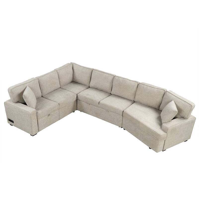 Modern 126" L-Shaped Sofa with Sleeper Bed, Cup Holders, and Power Outlets