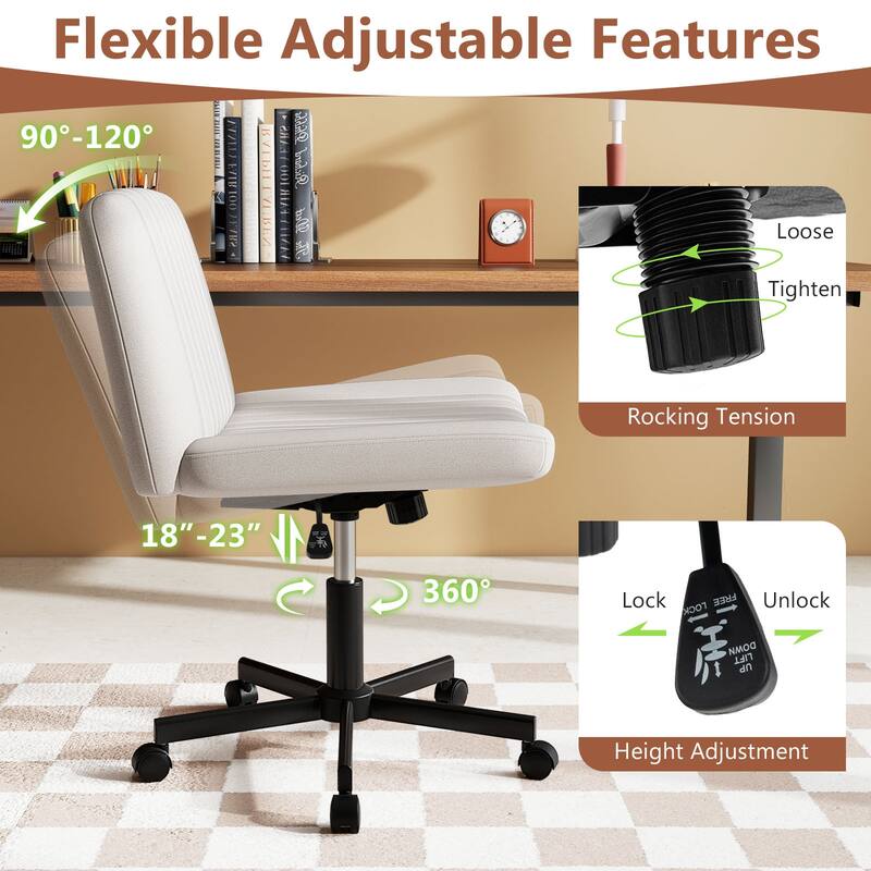 Extra Wide Armless Desk Chair with Adjustable Height and Linen Upholstery Criss Cross Swivel Base