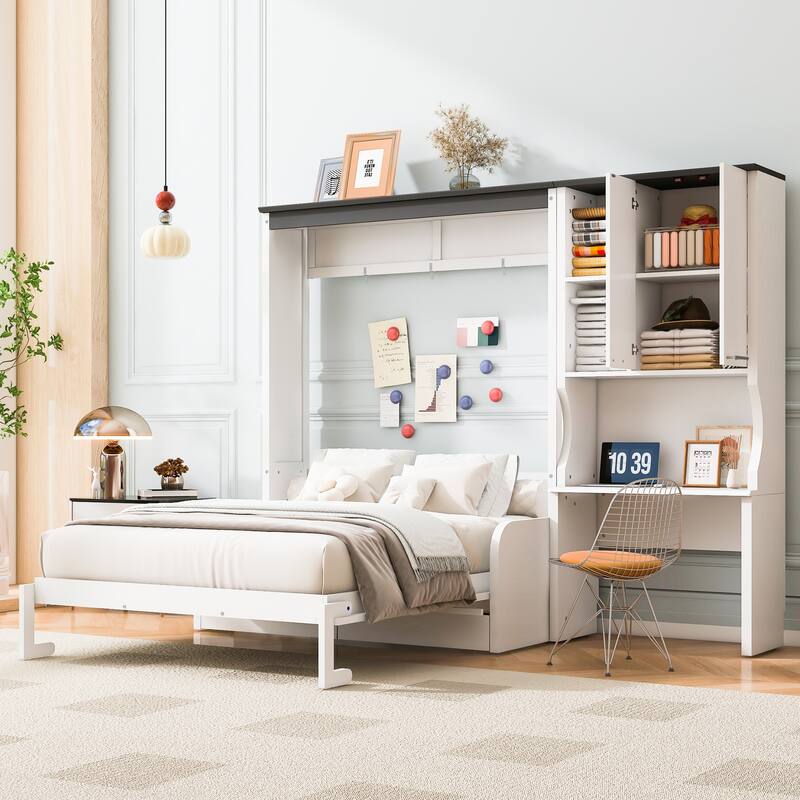 Roomfitters Multi-Functional Murphy Bed with Foldable Sofa, Built-in Desk, and Storage Cabinet, White - Full