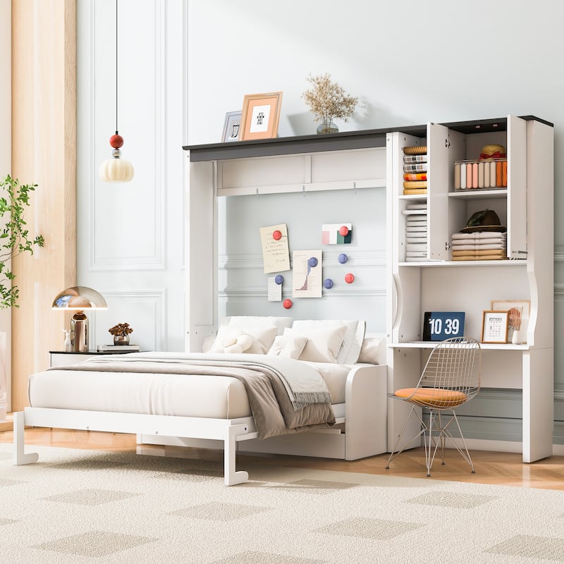 Space-saving Foldable Bed Design Murphy Bed Foldable Platform Bed with Sofa, All-in-one Storage Bookcase Cabinet and Desk - White - Full