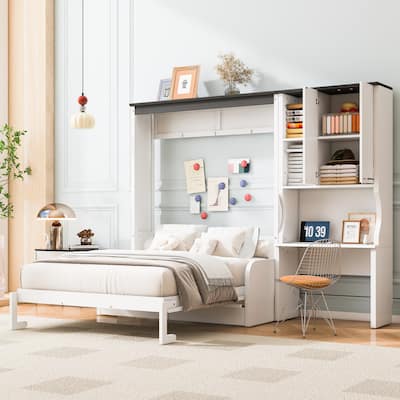 Space-saving Foldable Bed Design Murphy Bed Foldable Platform Bed with Sofa, All-in-one Storage Bookcase Cabinet and Desk