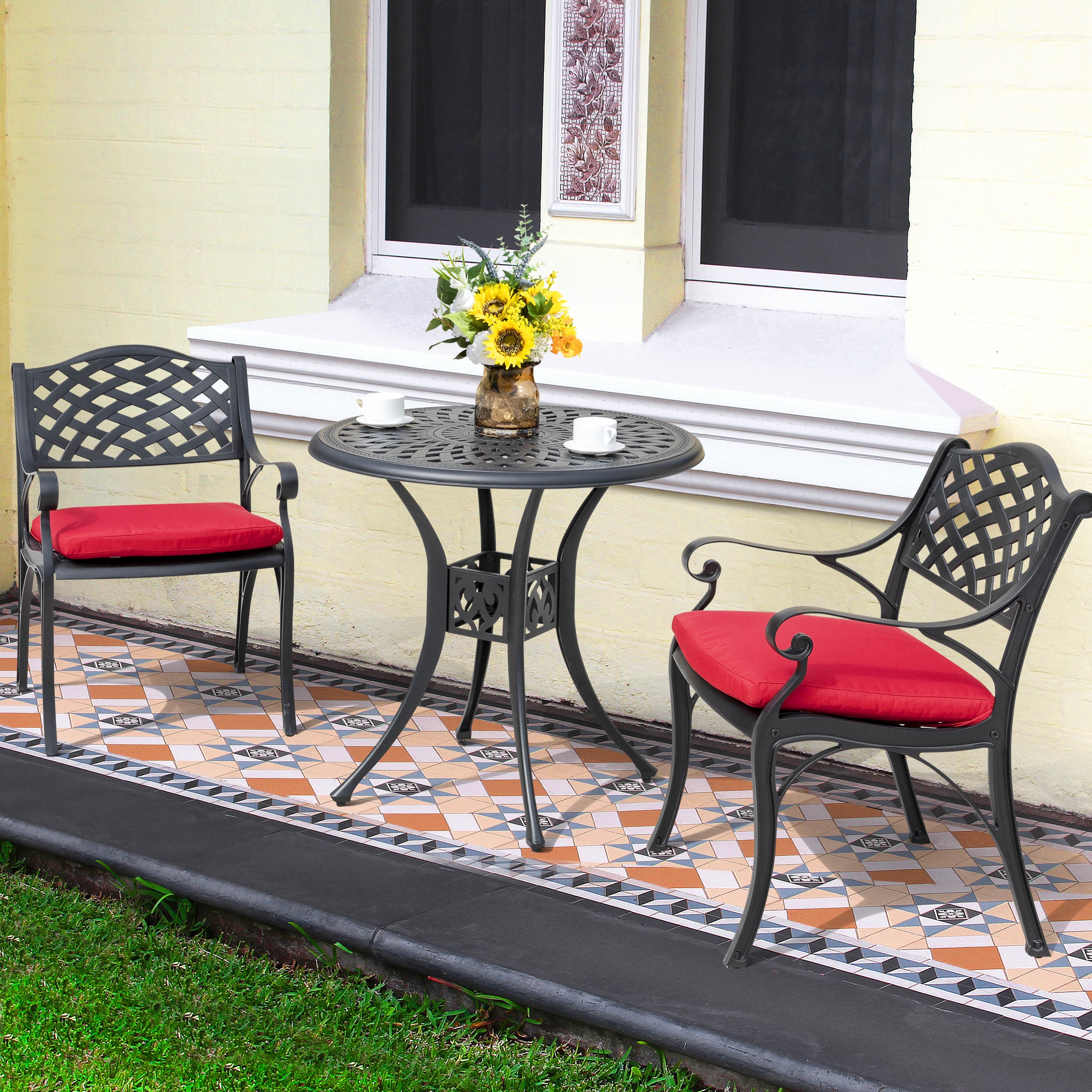 Nuu Garden Outdoor 2-Person Cast Aluminum Bistro Set with Umbrella Hole and Cushions
