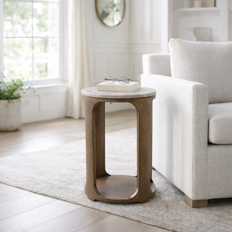 Modern Round Stone Top Accent End Side Table with Wood Base - 22" - 22.25"