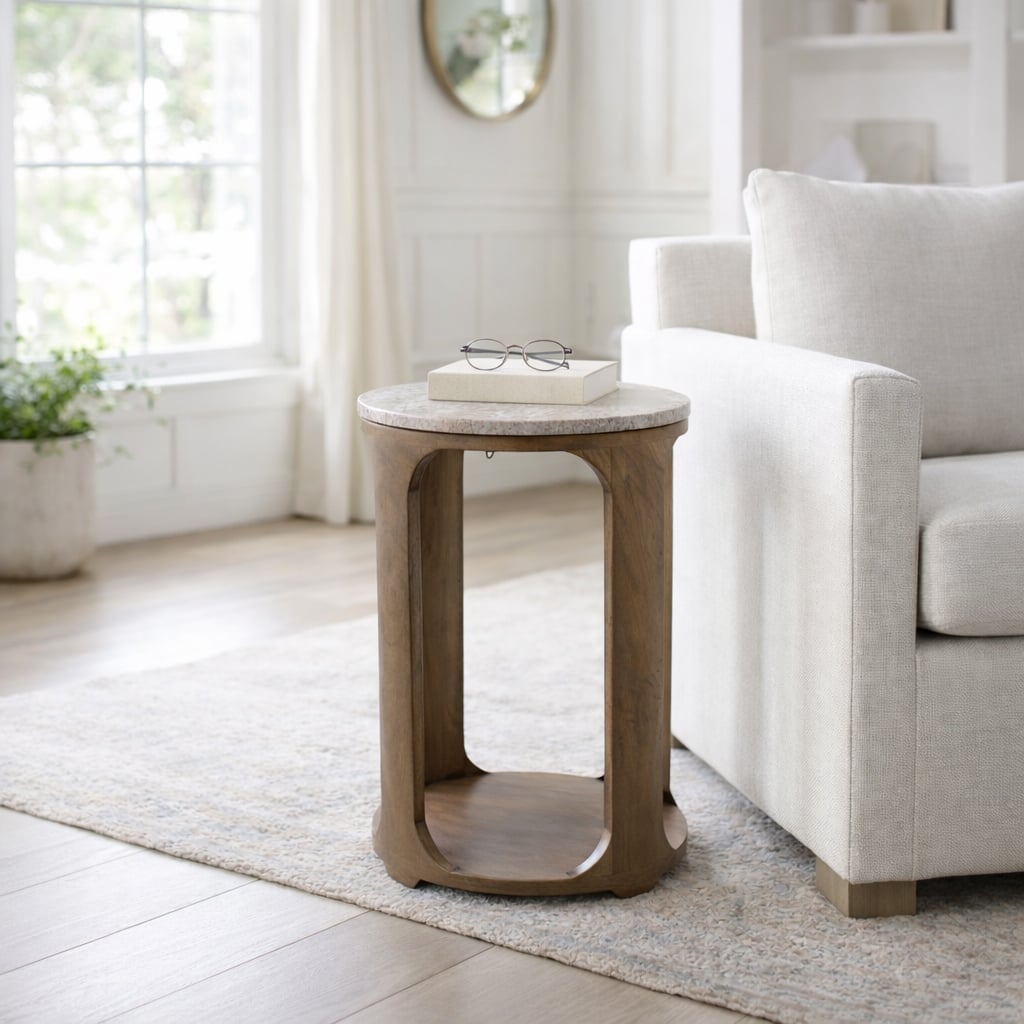 Modern Round Stone Top Accent End Side Table with Wood Base - 22" - 22.25"