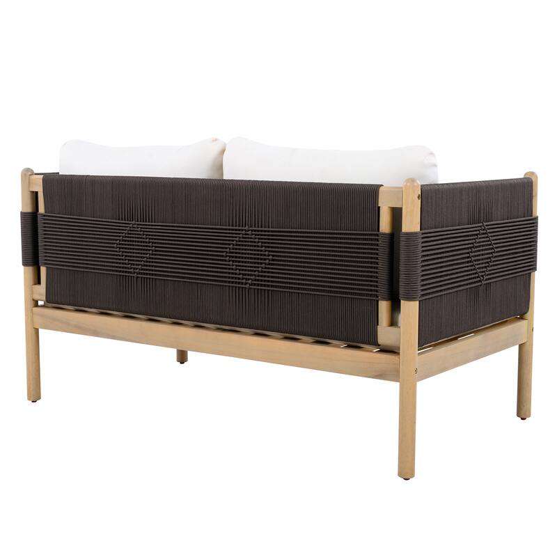 Christopher Knight Home - Outdoor 2-Piece Set with Acacia Wood Loveseat and Coffee Table, Rope Panels & Cushioned Seating