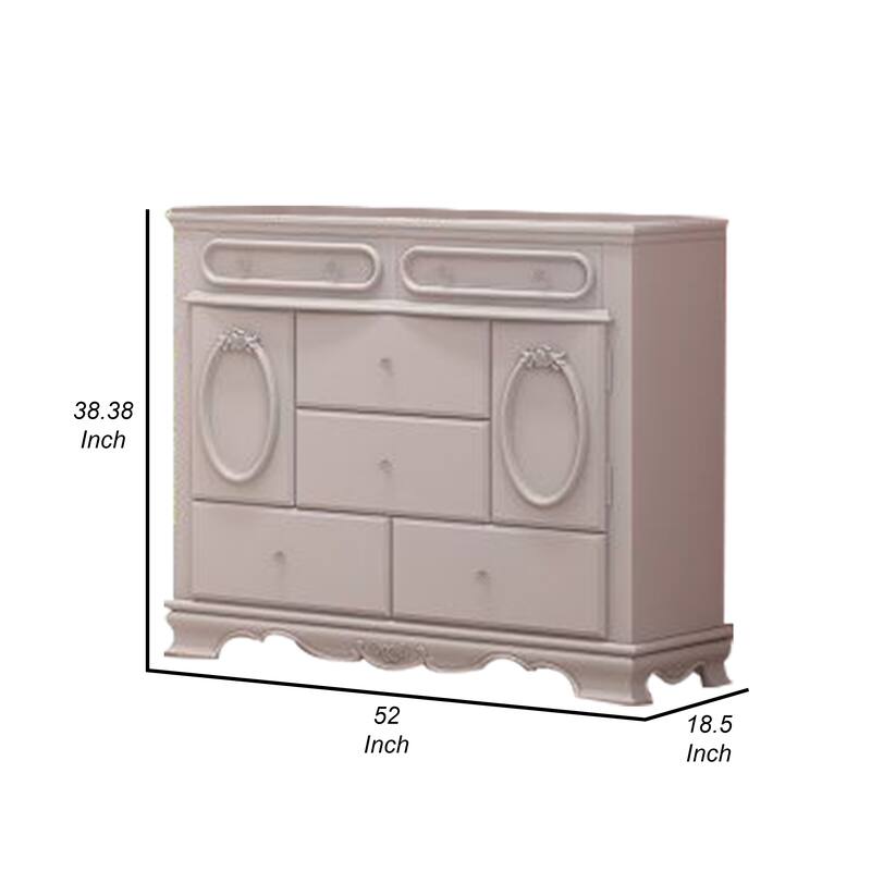 Auri 52 Inch Wide Dresser, 6 Drawer, Molded Trim Floral Motifs, White Wood