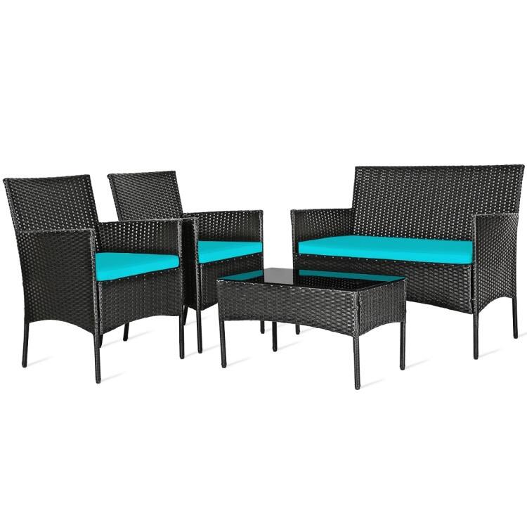 4 Pieces Patio Rattan Cushioned Sofa Set with Tempered Glass Coffee Table - 24" x 23.5" x 33" (L x W x H)