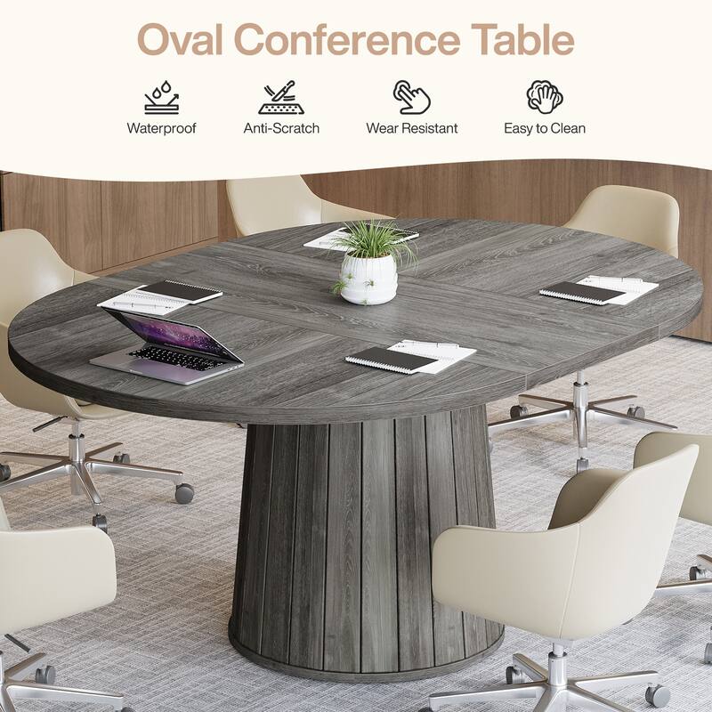 55.11 Inch Brown Wood Oval Conference Table with Wood Base for 6 People